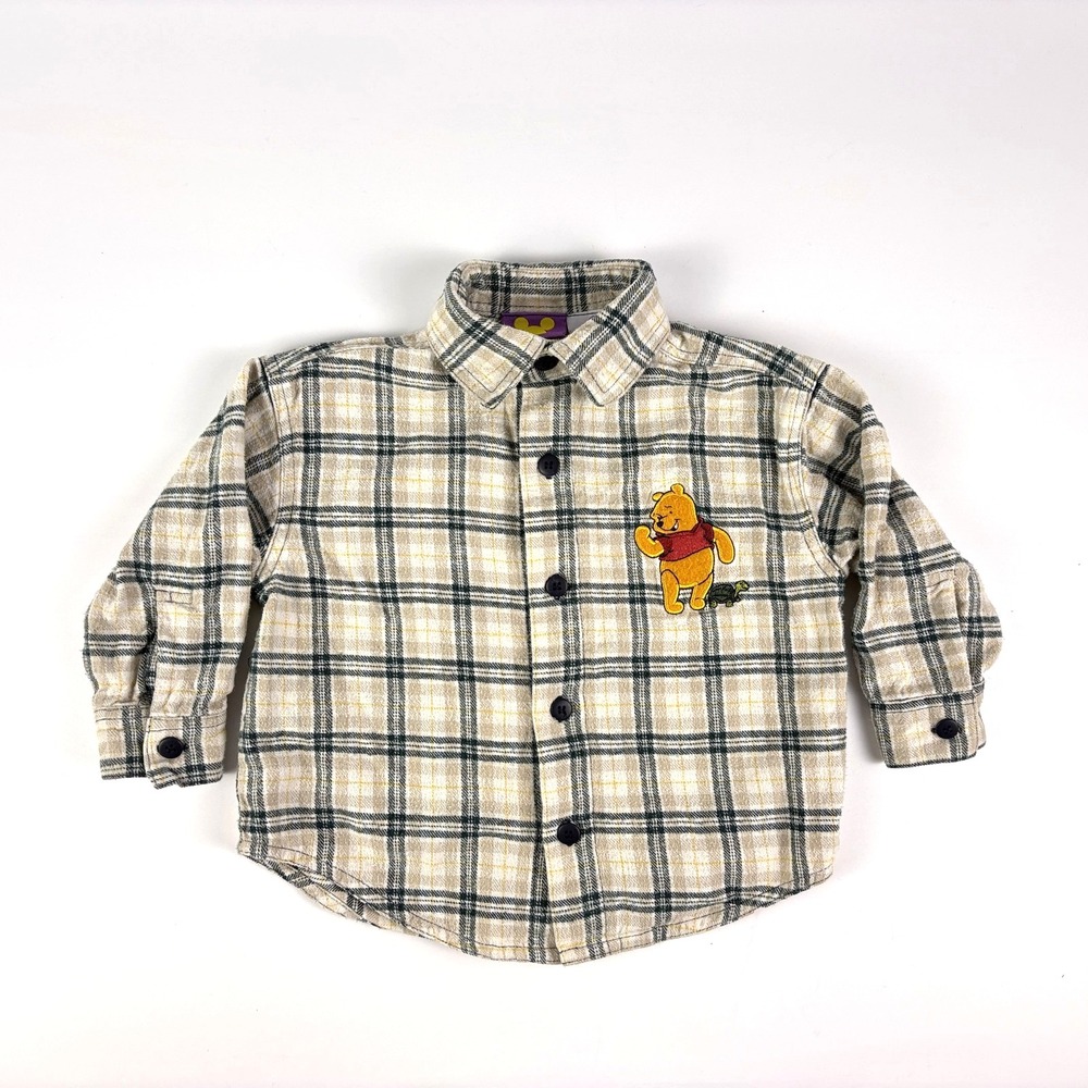 VTG Y2K Winnie the Pooh Flannel Shirt Kids Toddler 3T Embroidered Turtle Green